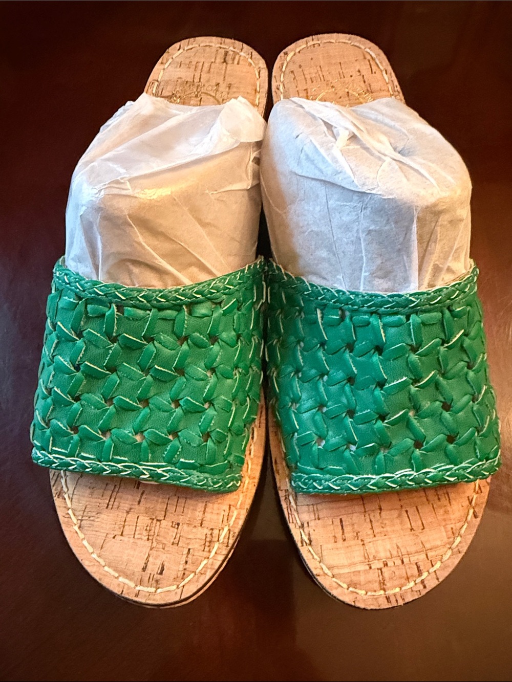 White Mountain Woven Emerald Green Slide Mules